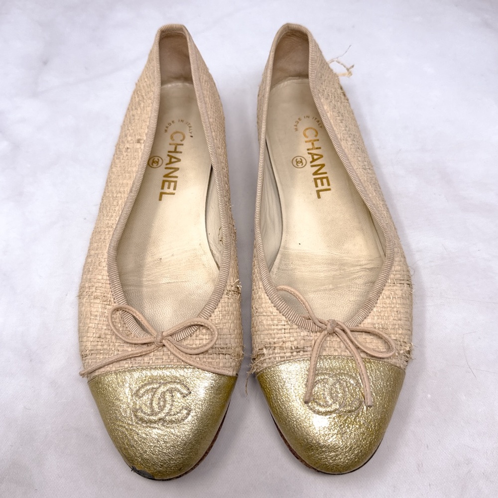 CHANEL Vintage Y2K Raffia Woven CC Coco Mark Leather Cap Toe Ballet Flats 38.5